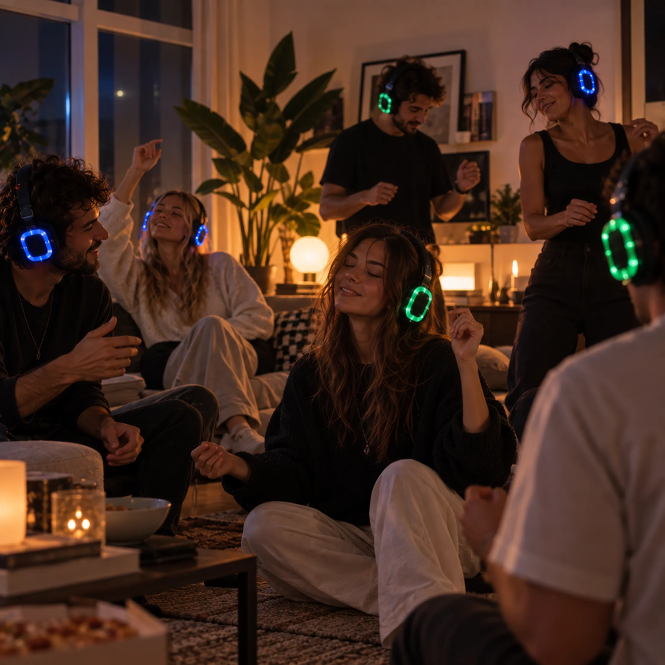 Друзі танцюють і сидять у вітальні в навушниках Silent Disco: вечірка вдома без колонок