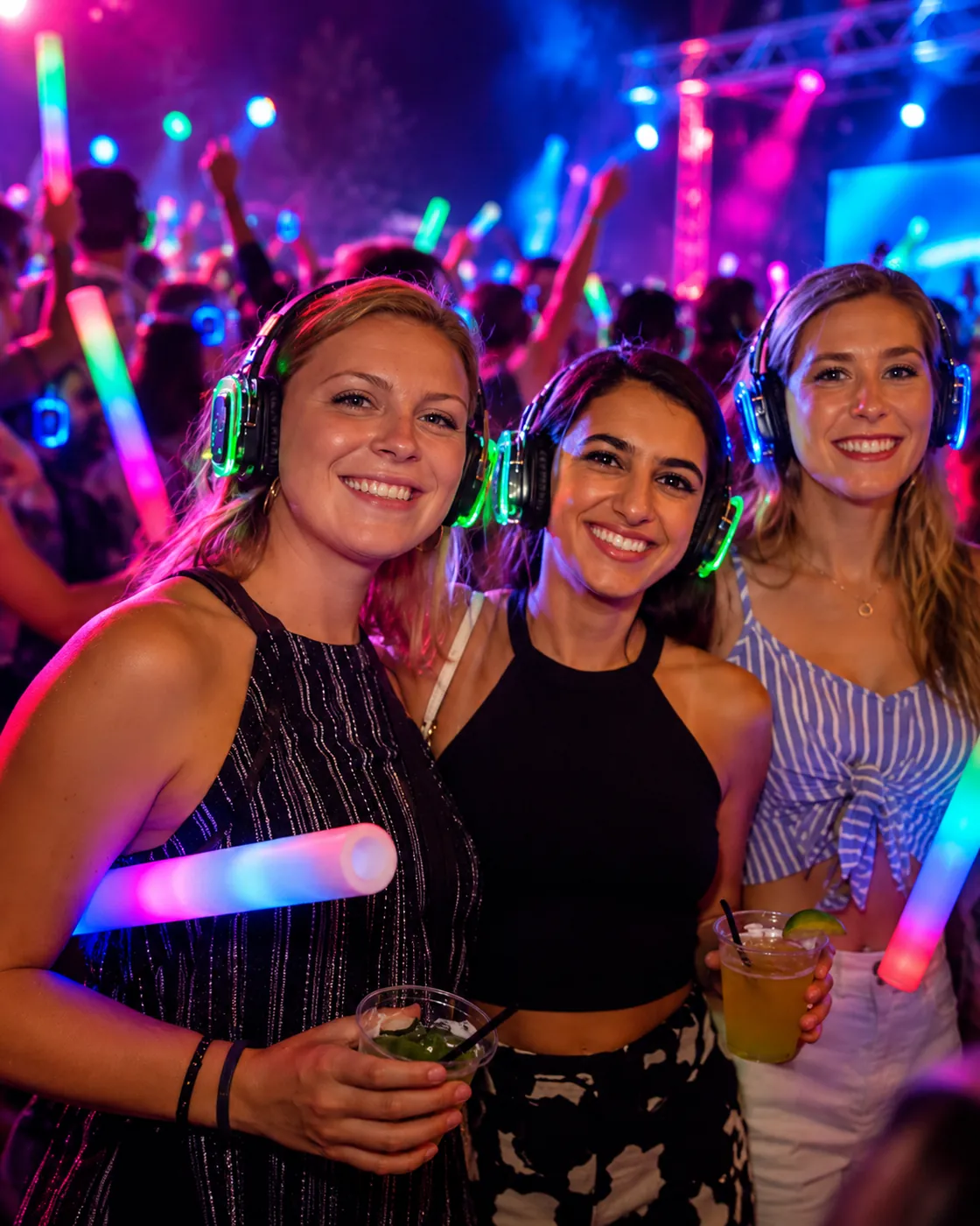 Три подруги з келихами усміхаються на фестивалі в навушниках Silent Disco
