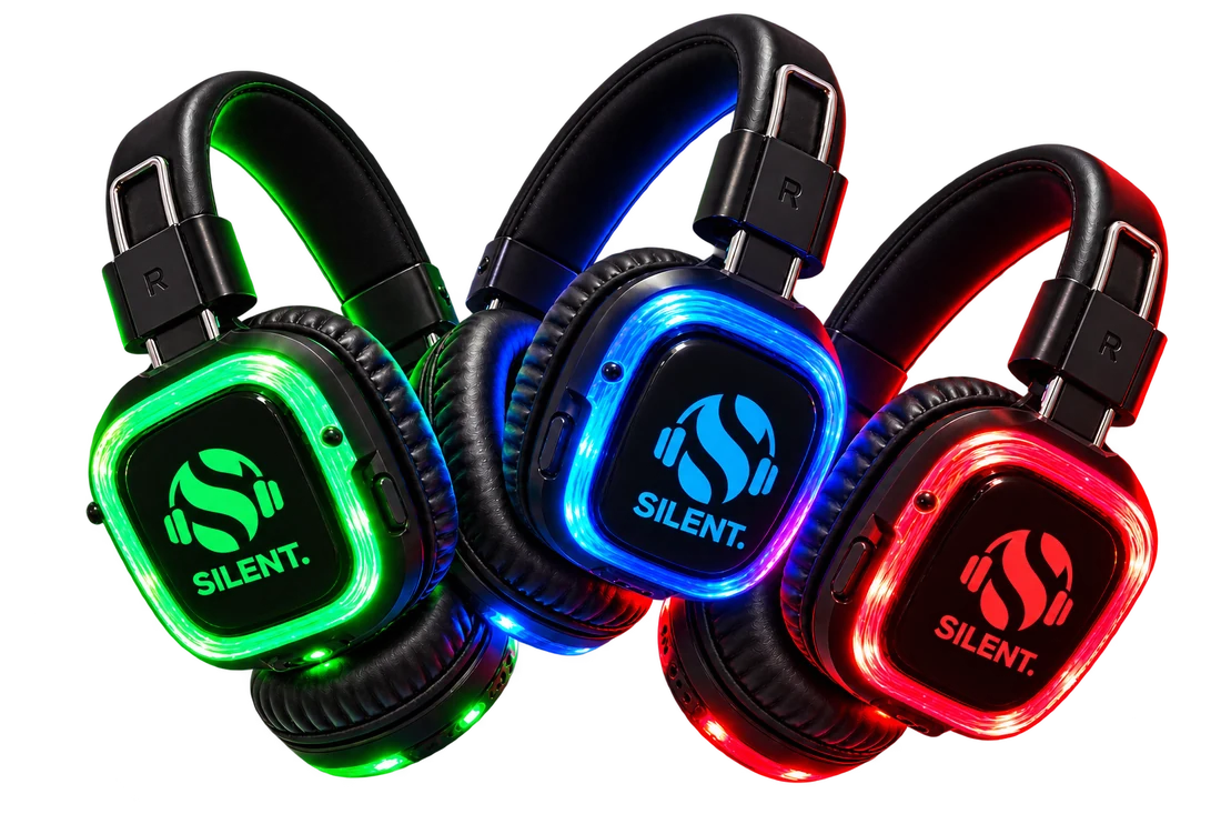 SILENT headphones with the logo and the three channel colours lit — green, blue and red