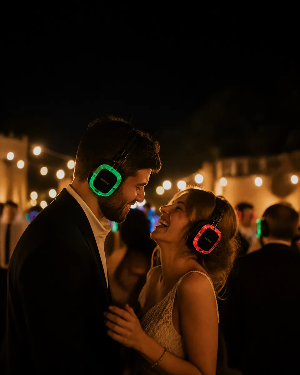 Наречені танцюють впритул у навушниках Silent Disco із зеленою та рожевою підсвіткою